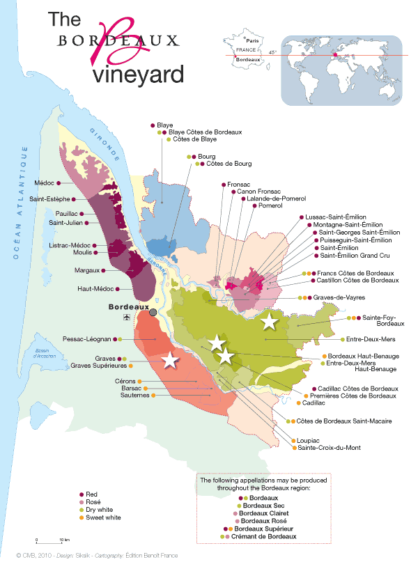 Mapa das regiões do vinho em Bordeaux