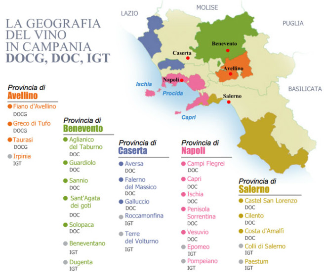 Mapa com DOC IGT dos vinhos da Italia da região da Campania